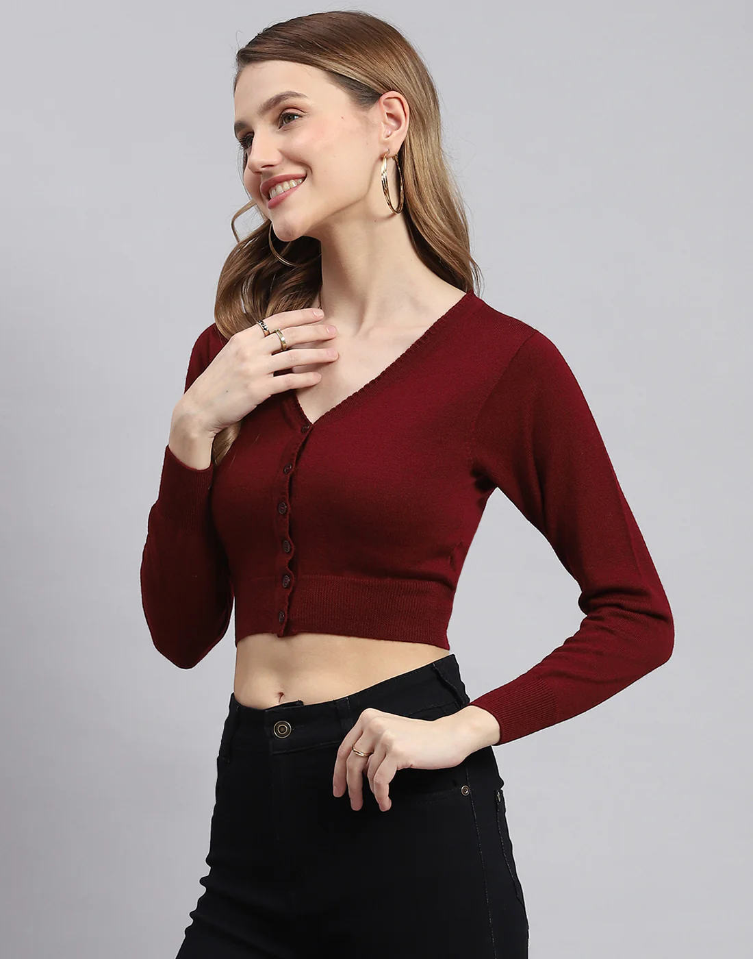 Women Maroon Solid V Neck Full Sleeve Sweater - Image 3