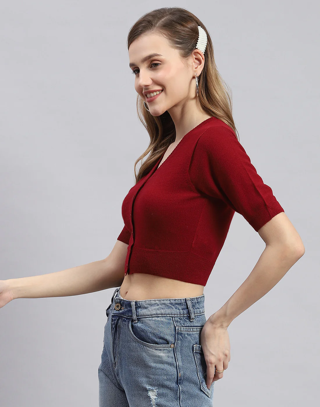 Women Maroon Solid V Neck Half Sleeve Blouse - Image 3