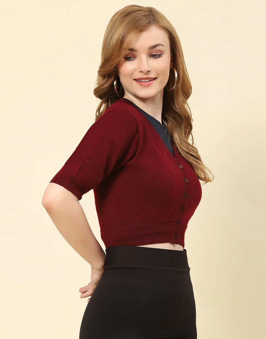 Women Maroon Solid V Neck Half Sleeve Blouse - Image 4