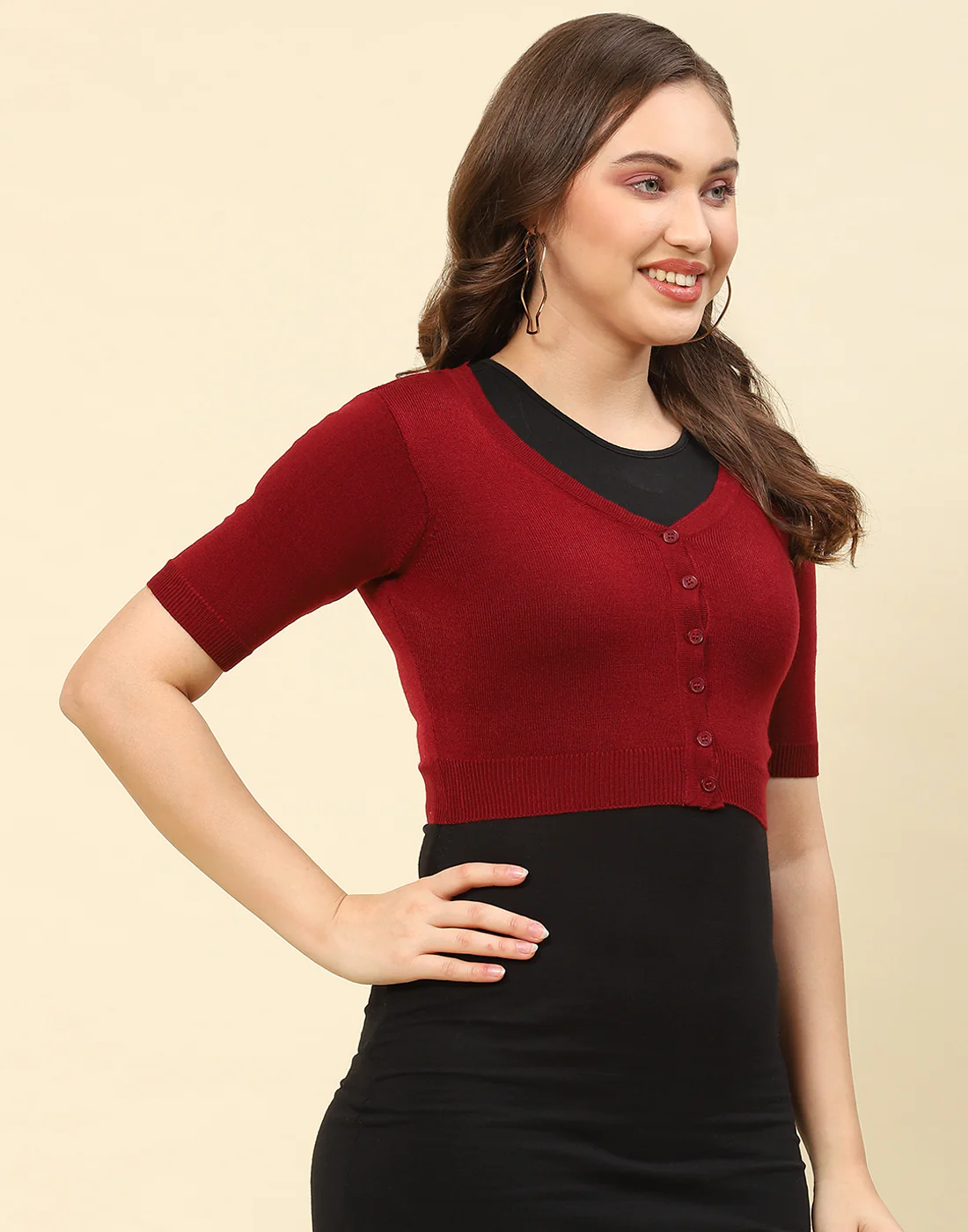 Women Maroon Solid V Neck Half Sleeve Blouse - Image 4