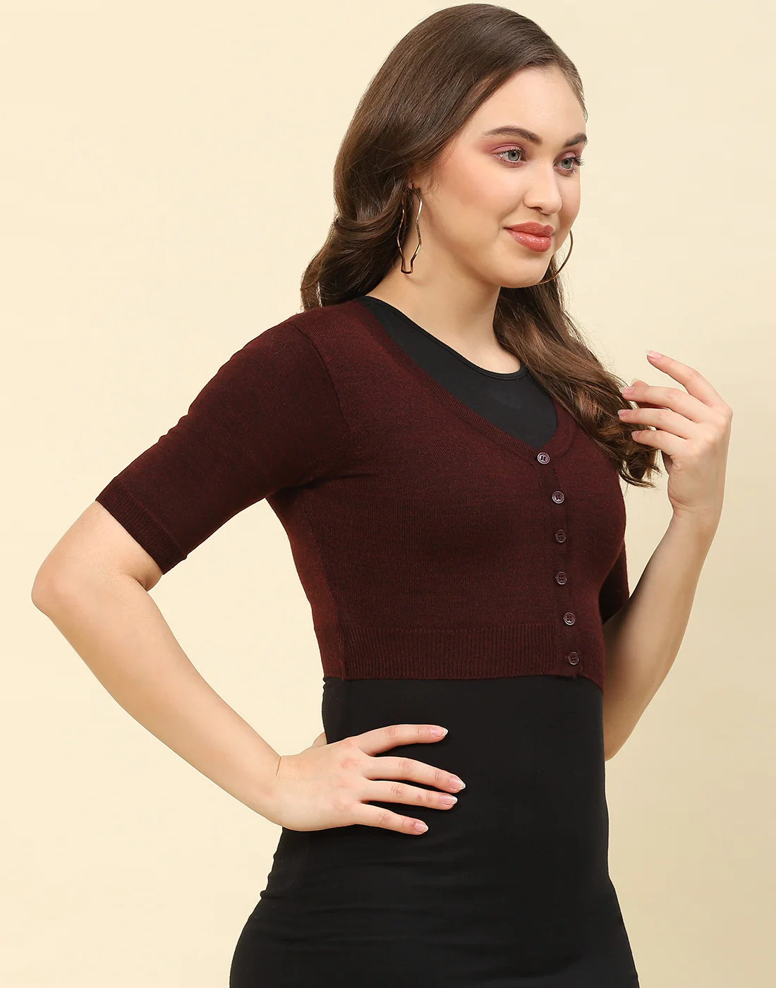 Women Maroon Solid V Neck Half Sleeve Blouse - Image 4