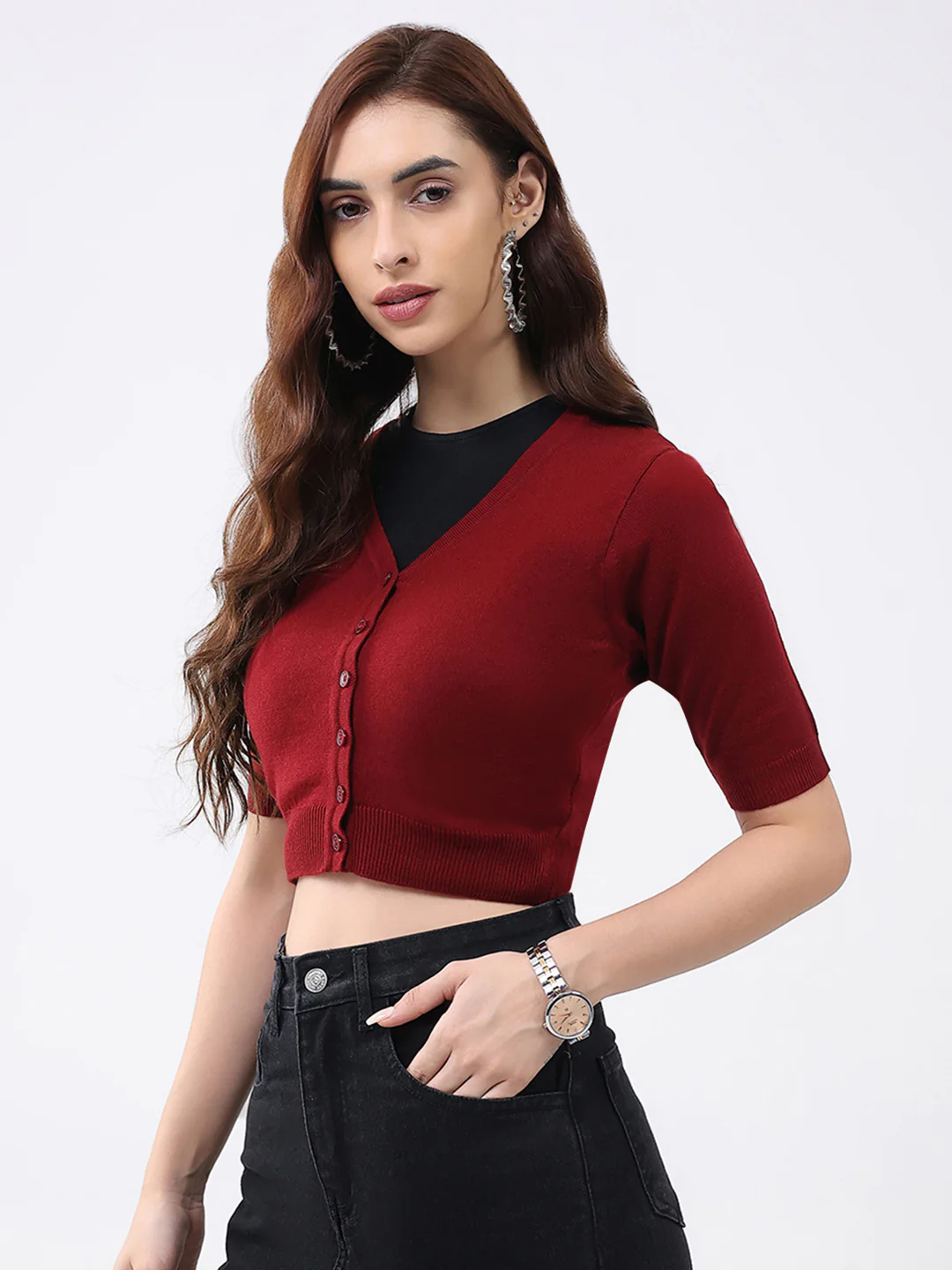 Women Maroon Solid V Neck Half Sleeve Cardigan - Image 3