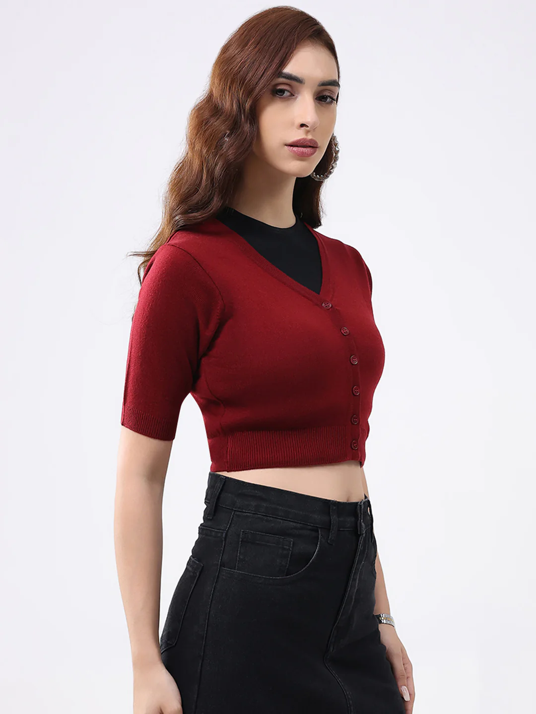Women Maroon Solid V Neck Half Sleeve Cardigan - Image 4