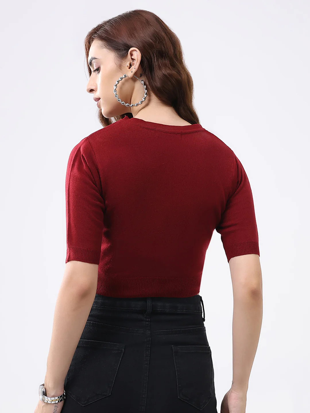 Women Maroon Solid V Neck Half Sleeve Cardigan - Image 5