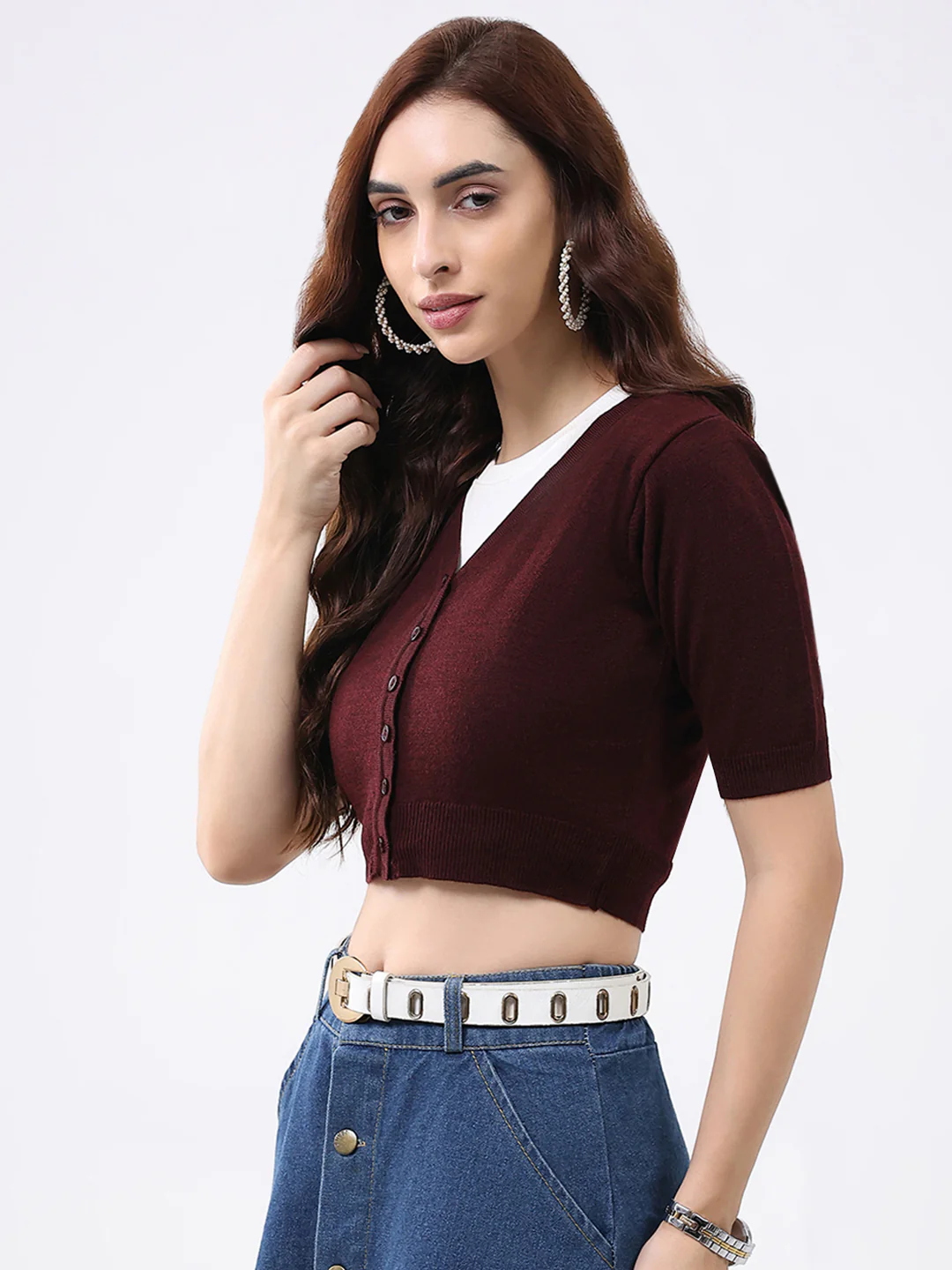 Women Maroon Solid V Neck Half Sleeve Cardigan - Image 3