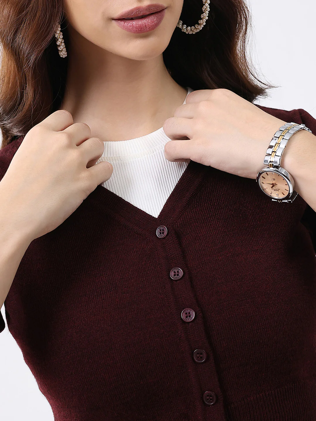 Women Maroon Solid V Neck Half Sleeve Cardigan - Image 6