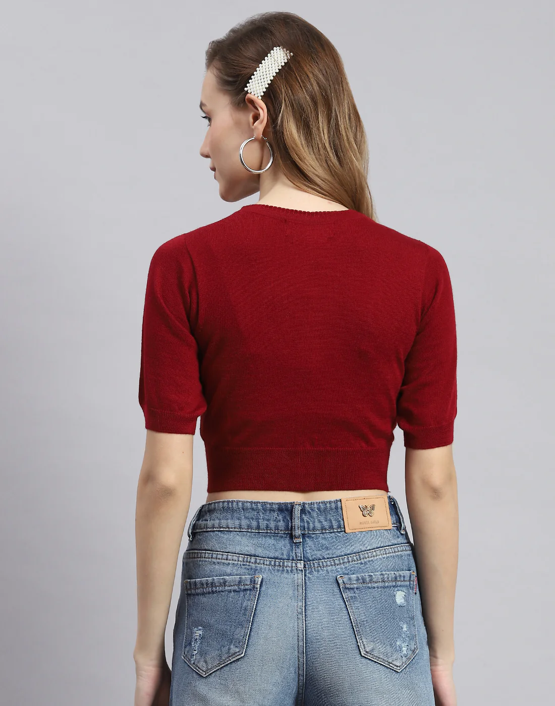 Women Maroon Solid V Neck Half Sleeve Sweater - Image 5