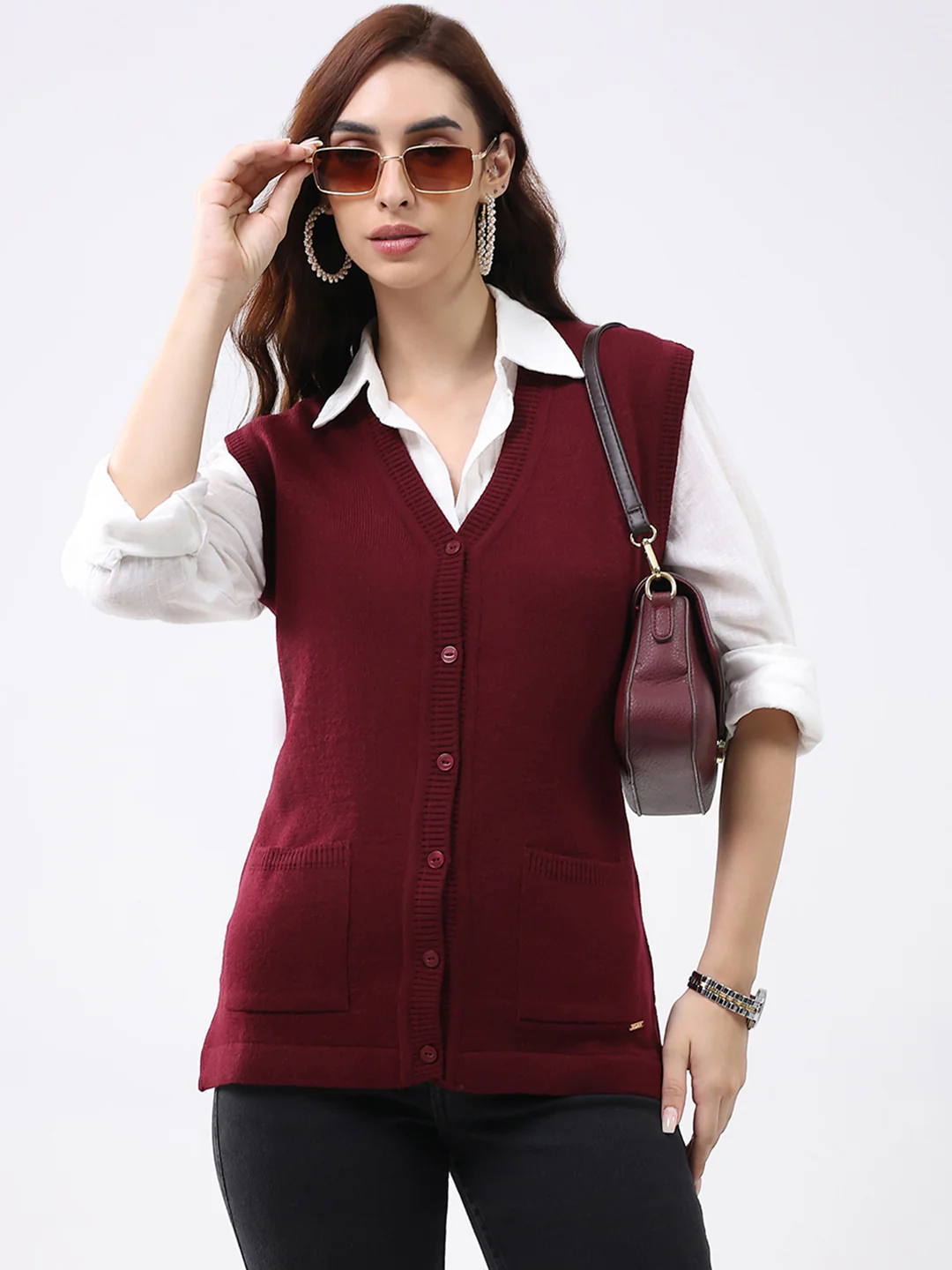Women Maroon Solid V Neck Sleeveless Cardigan - Image 6
