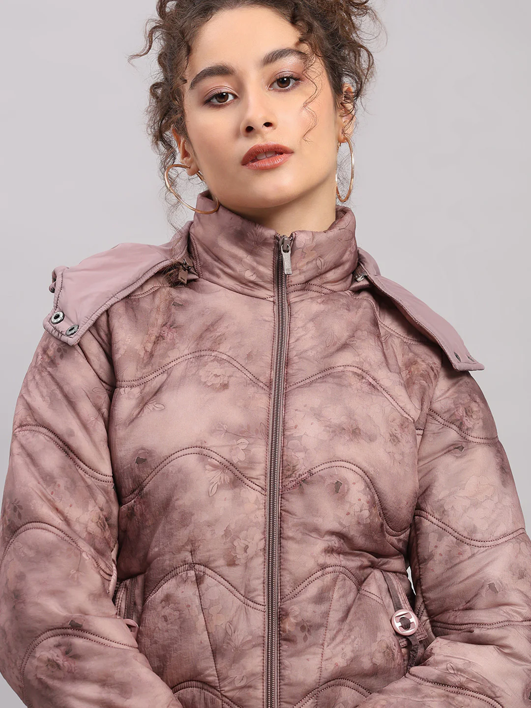 Women Mauve Printed Hooded Full Sleeve Jacket - Image 7