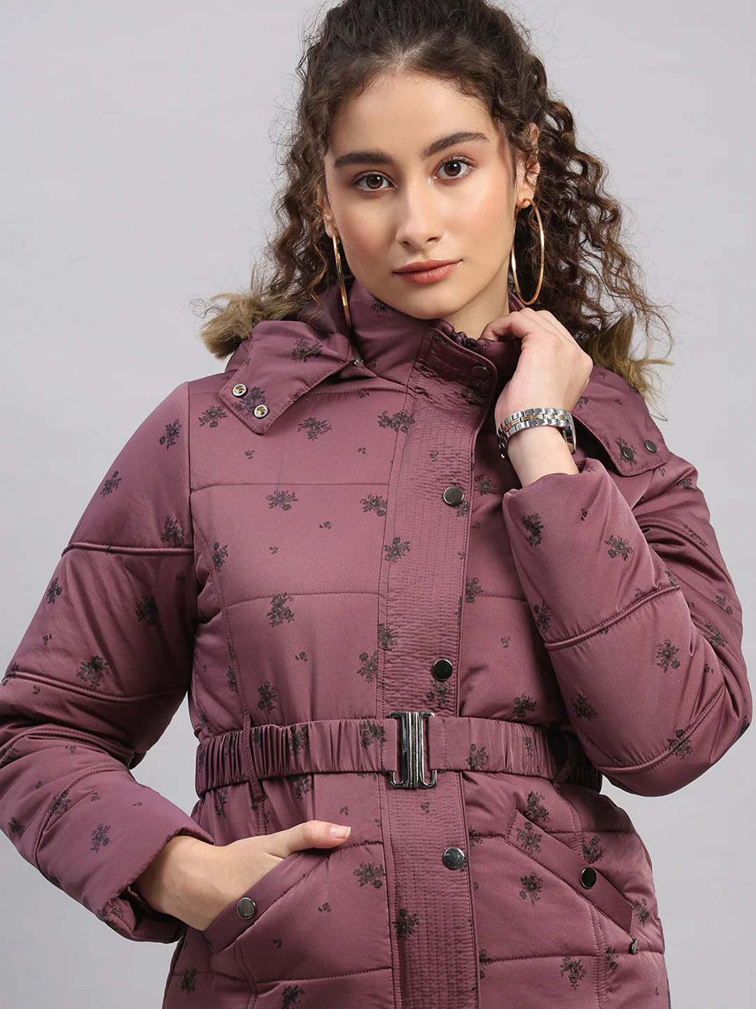 Women Mauve Printed Hooded Full Sleeve Jacket - Image 7