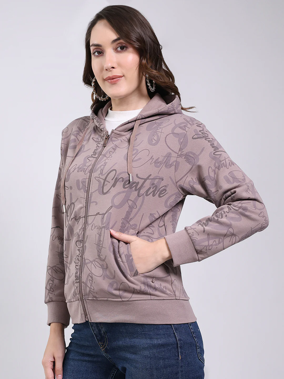 Women Mauve Printed Hooded Full Sleeve Sweatshirt - Image 3
