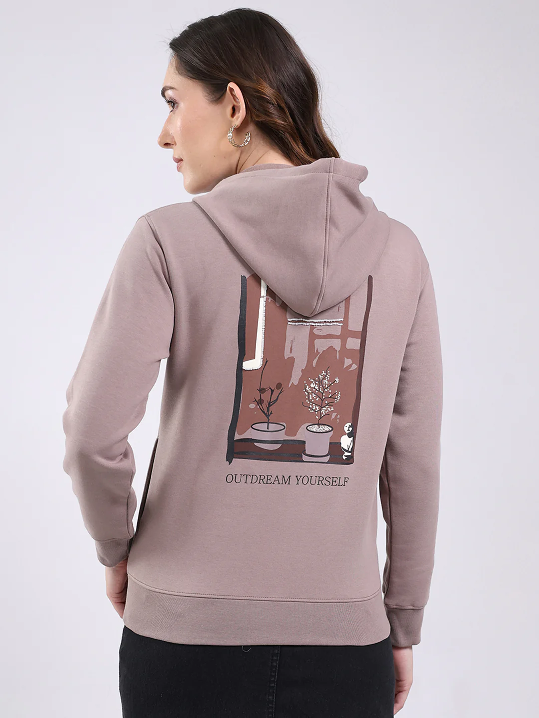 Women Mauve Printed Hooded Full Sleeve Sweatshirt - Image 5