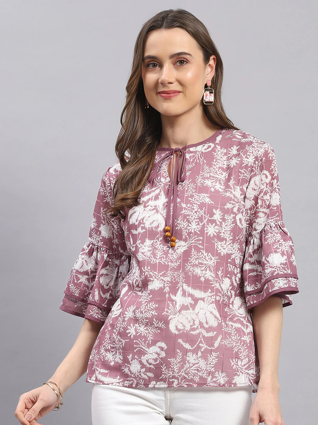 Women Mauve Printed Round Neck 3/4 Sleeve Top - Image 2