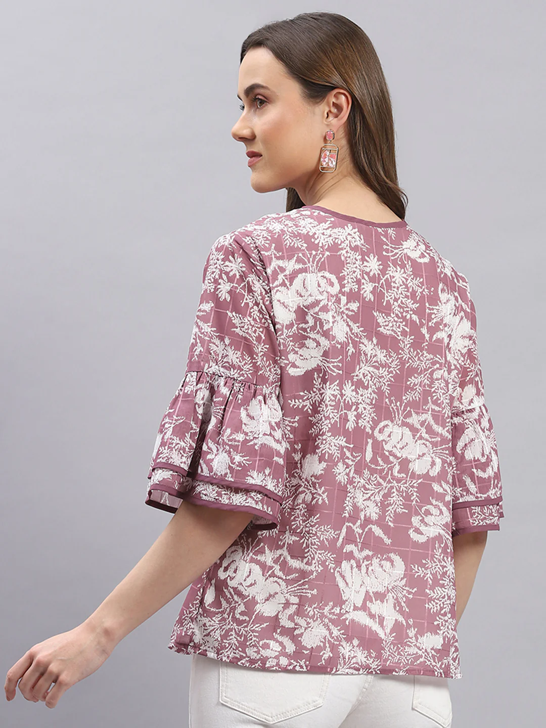 Women Mauve Printed Round Neck 3/4 Sleeve Top - Image 5
