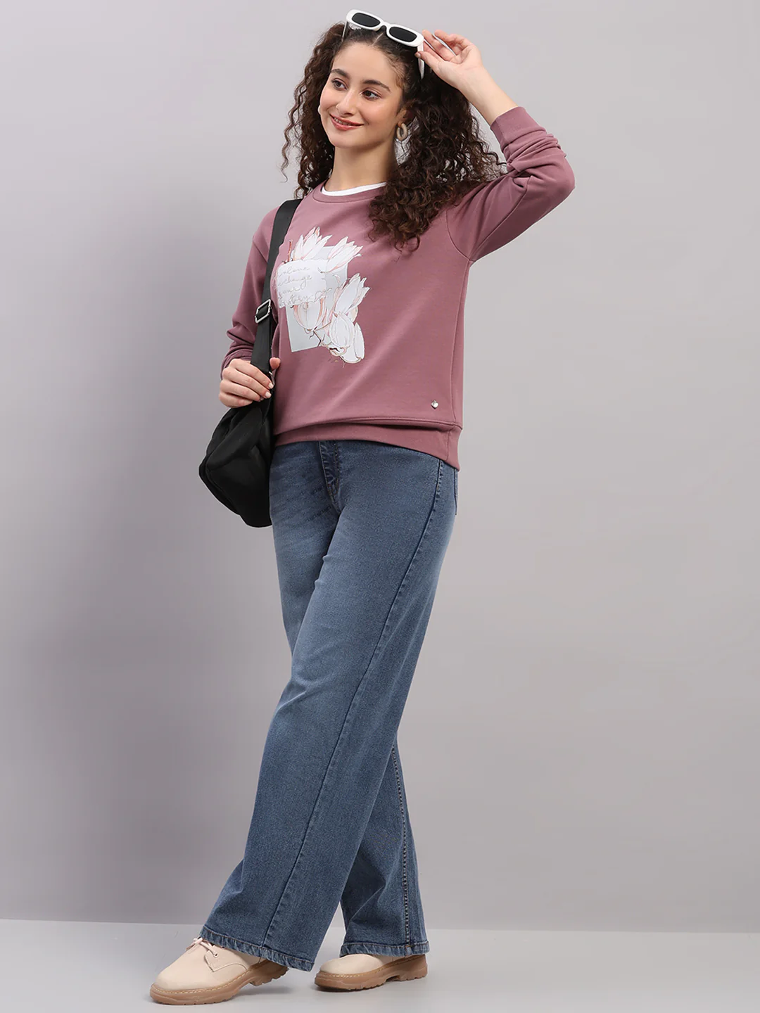 Women Mauve Printed Round Neck Full Sleeve Sweatshirt - Image 2