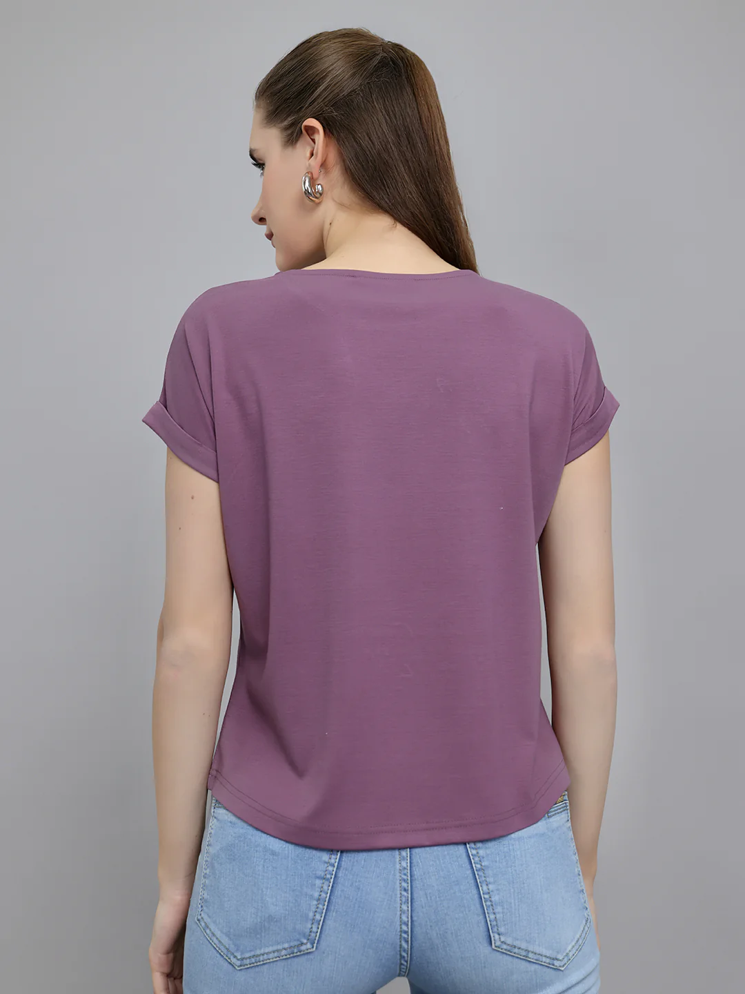 Women Mauve Printed Round Neck Half Sleeve Top - Image 4