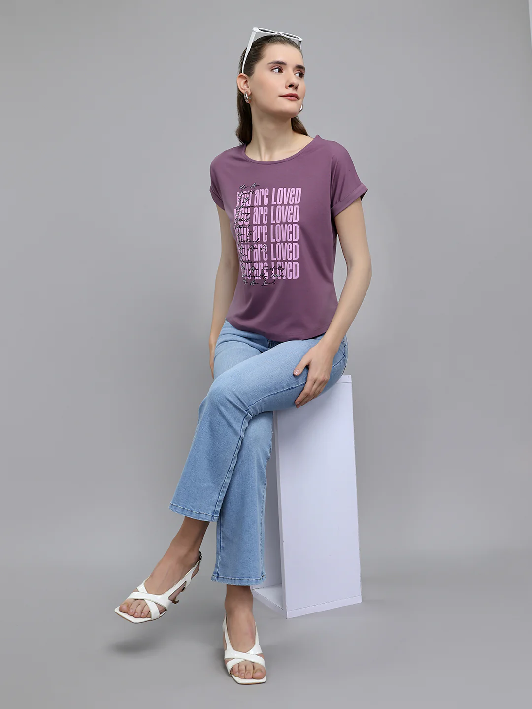 Women Mauve Printed Round Neck Half Sleeve Top - Image 7