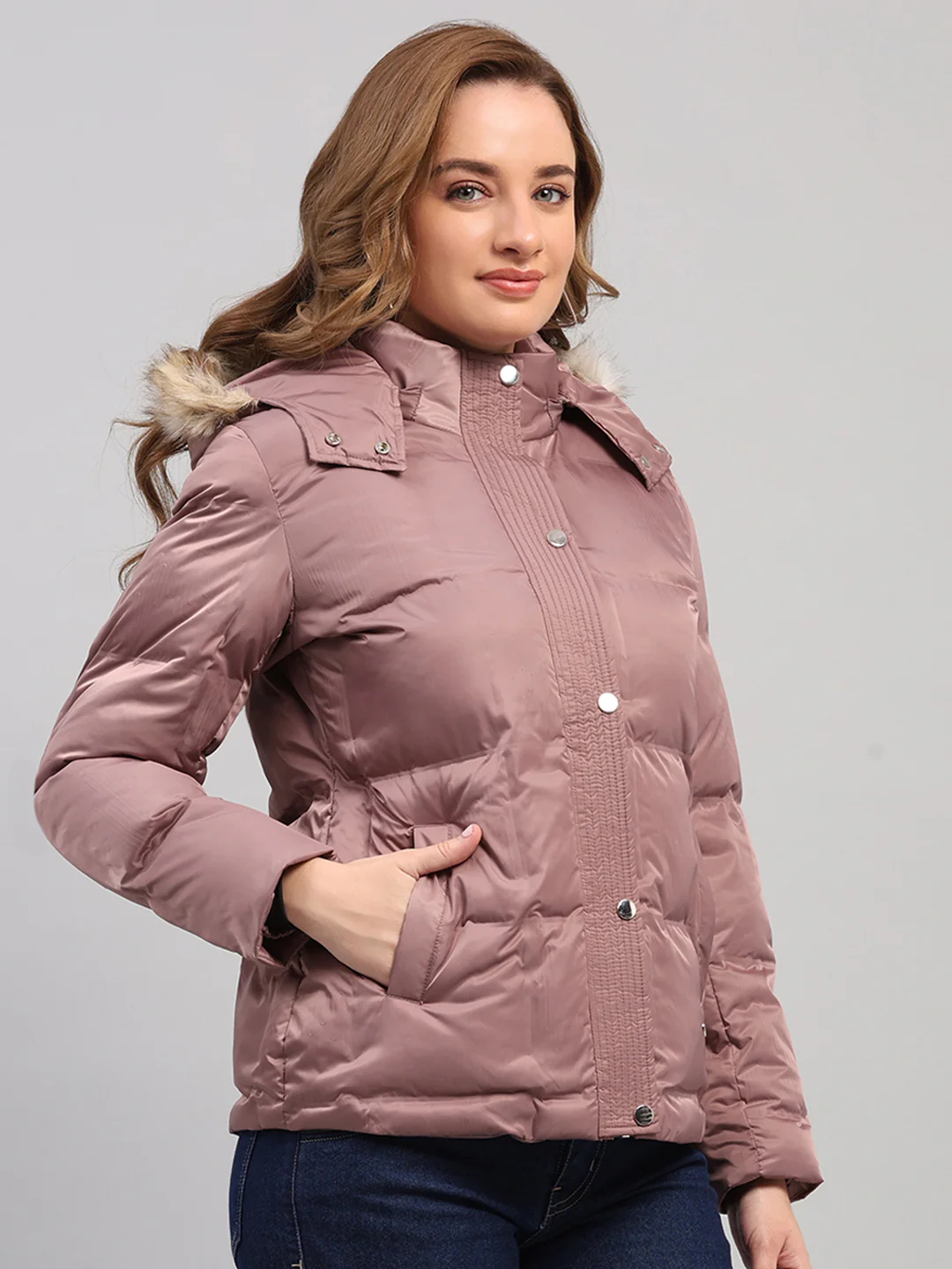 Women Mauve Self Design Hooded Full Sleeve Jacket - Image 4