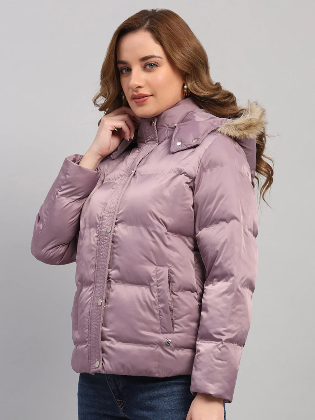 Women Mauve Self Design Hooded Full Sleeve Jacket - Image 3