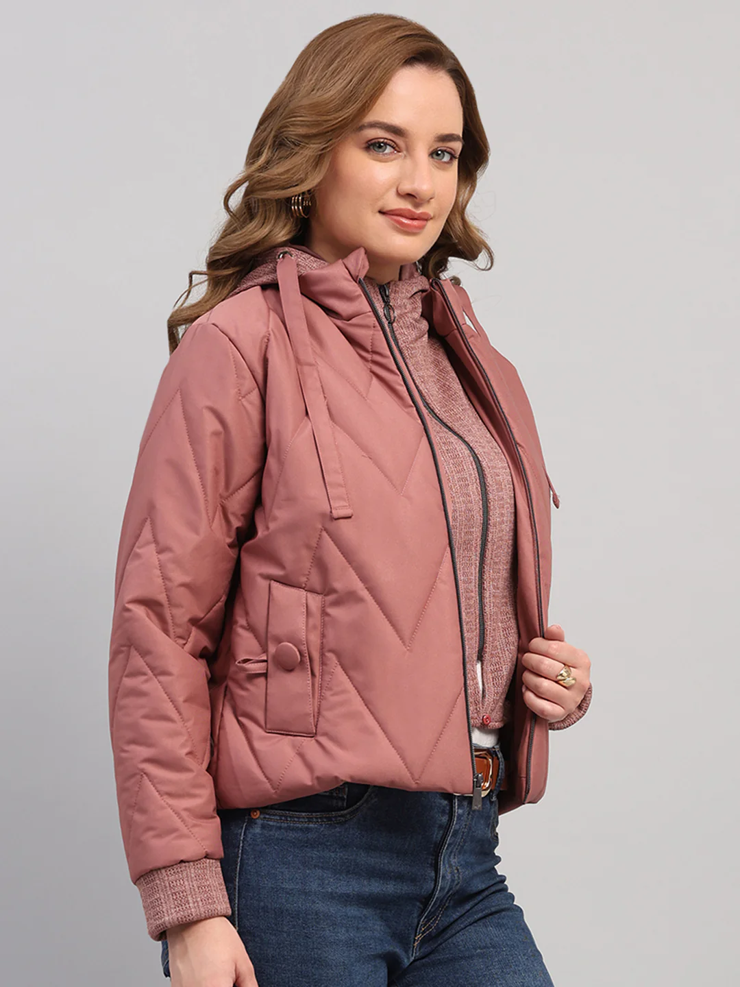 Women Mauve Self Design Hooded Full Sleeve Jacket - Image 4
