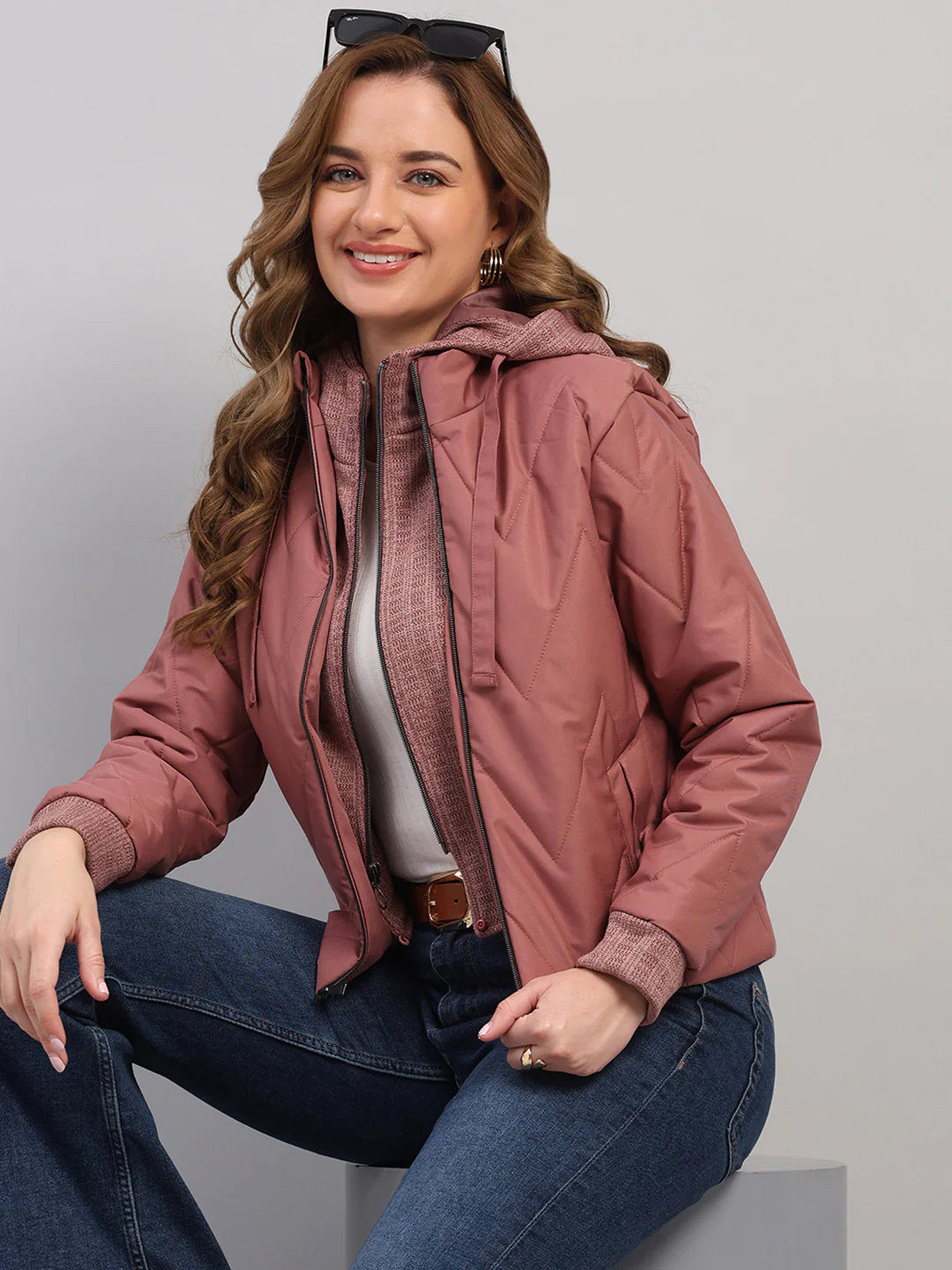 Women Mauve Self Design Hooded Full Sleeve Jacket - Image 6