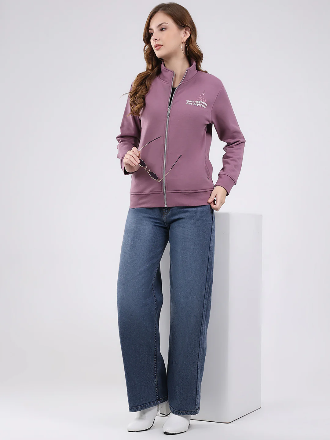 Women Mauve Self Design Mock Neck Full Sleeve Sweatshirt - Image 2