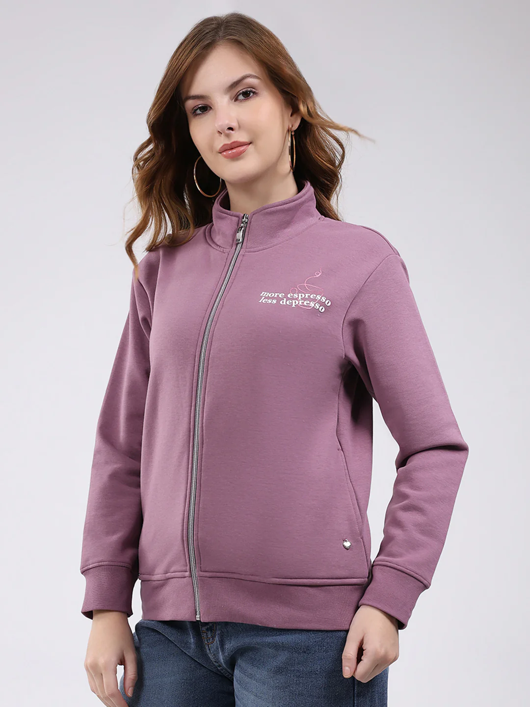 Women Mauve Self Design Mock Neck Full Sleeve Sweatshirt - Image 3