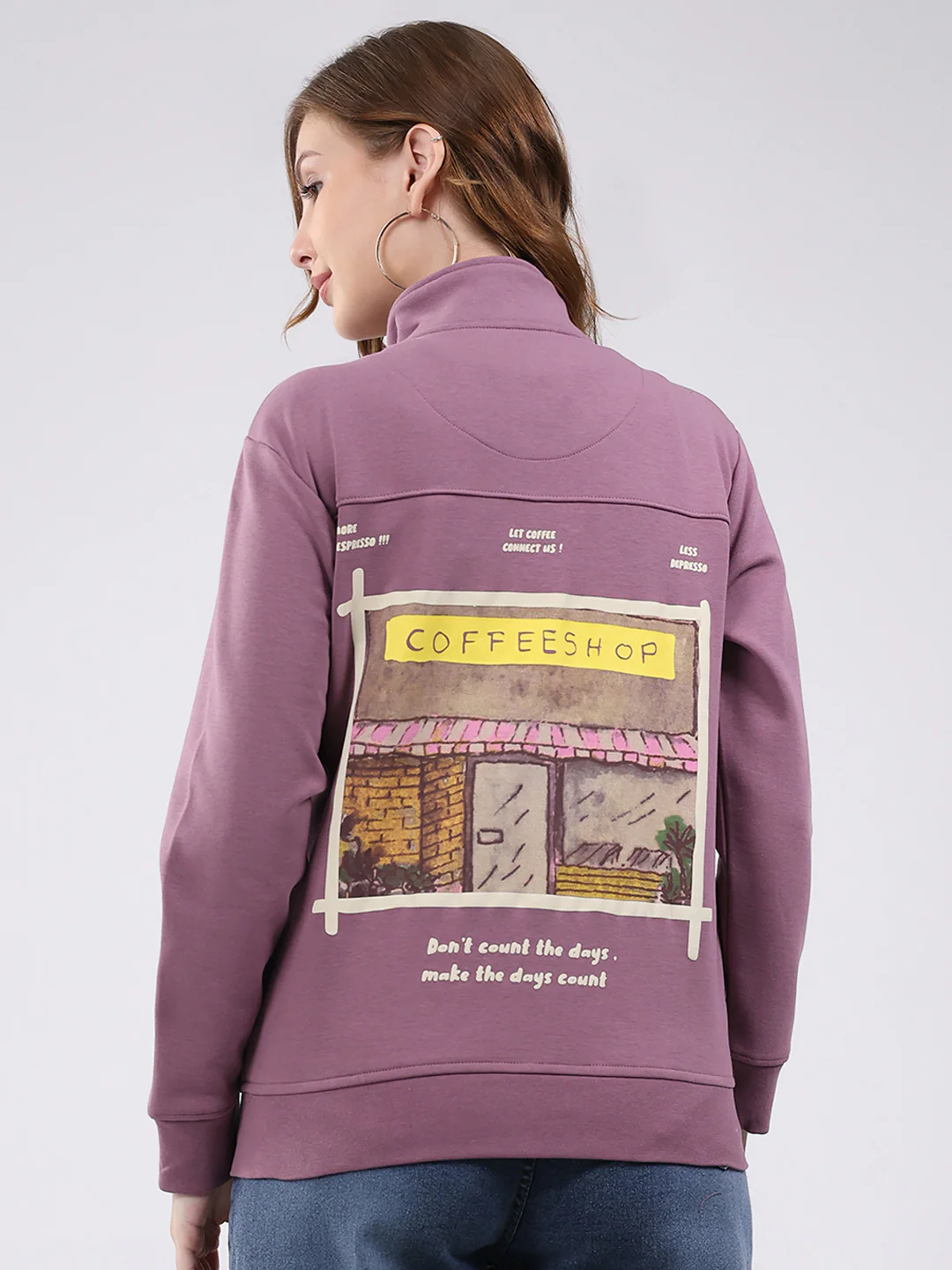 Women Mauve Self Design Mock Neck Full Sleeve Sweatshirt - Image 5