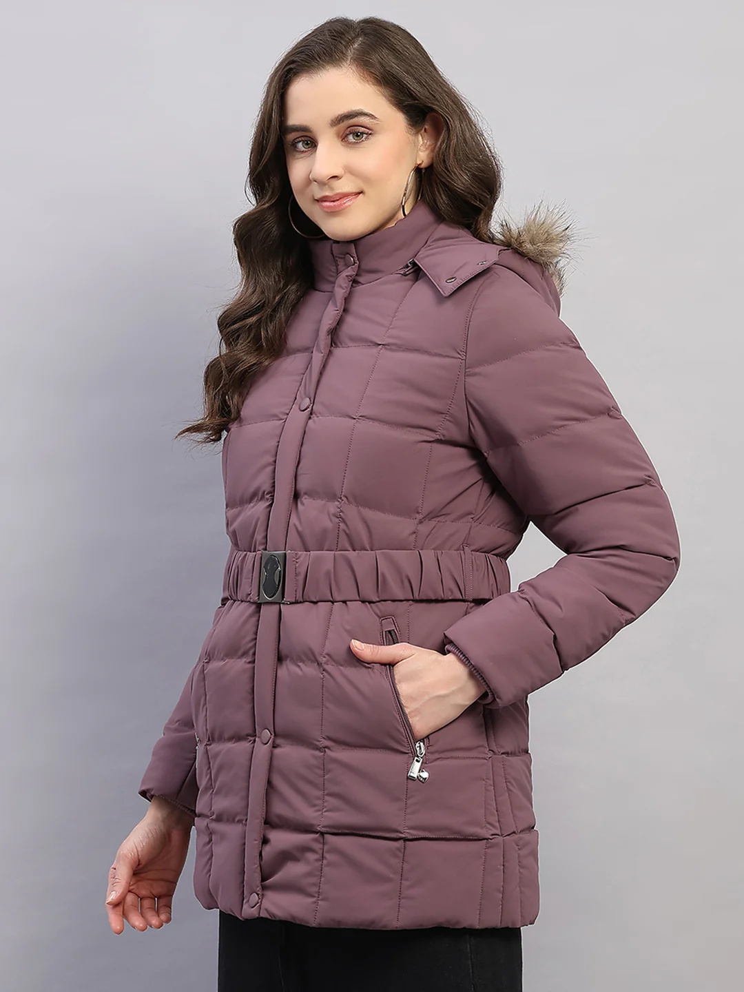 Women Mauve Solid Hooded Full Sleeve Jacket - Image 3