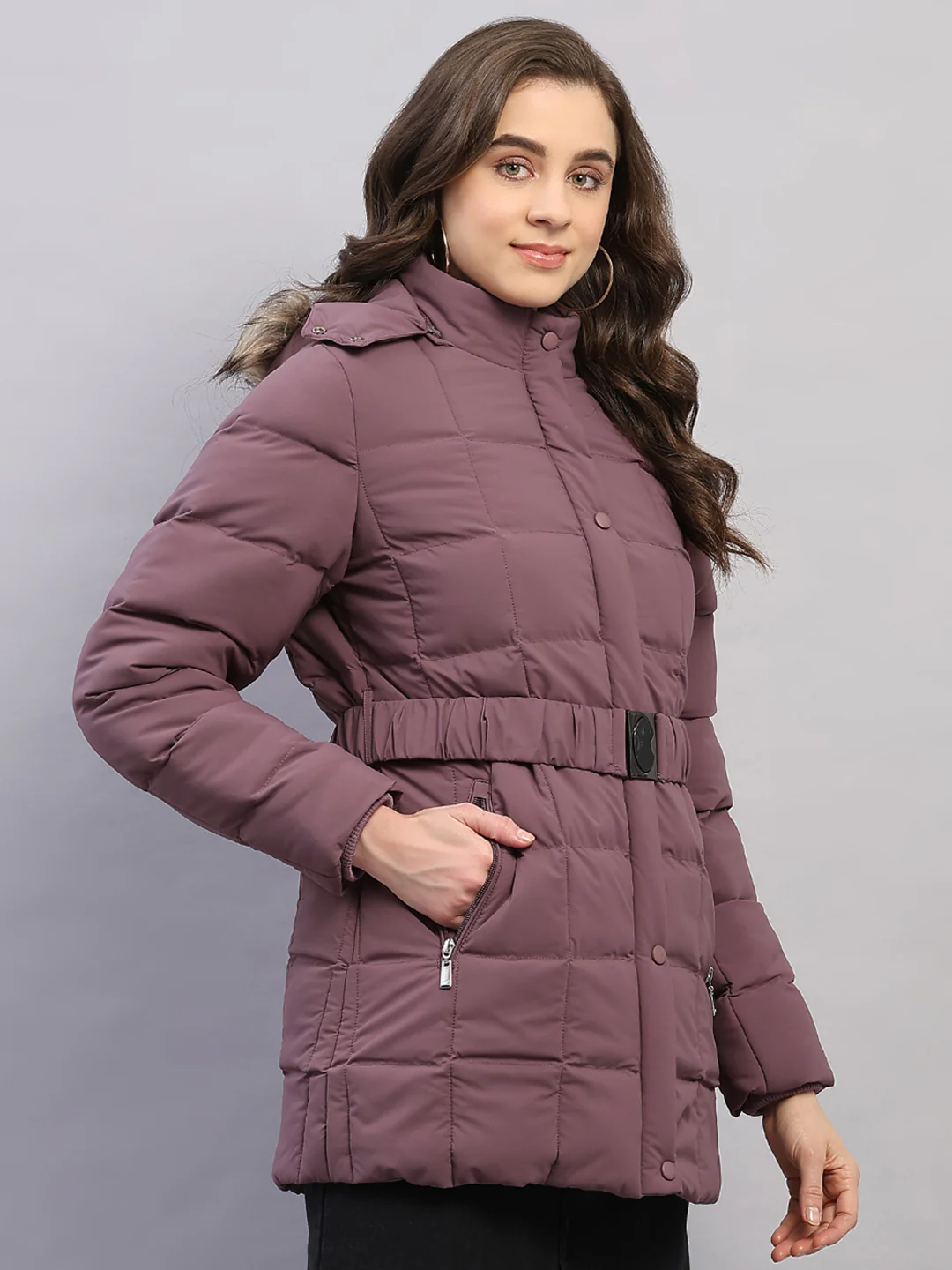 Women Mauve Solid Hooded Full Sleeve Jacket - Image 4