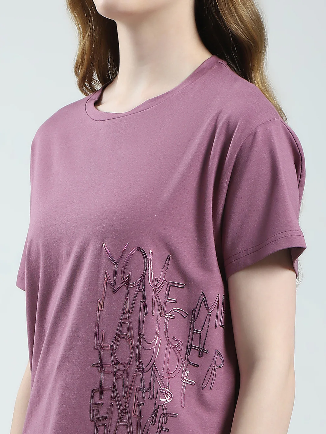Women Mauve Solid Round Neck Half Sleeve Top - Image 6