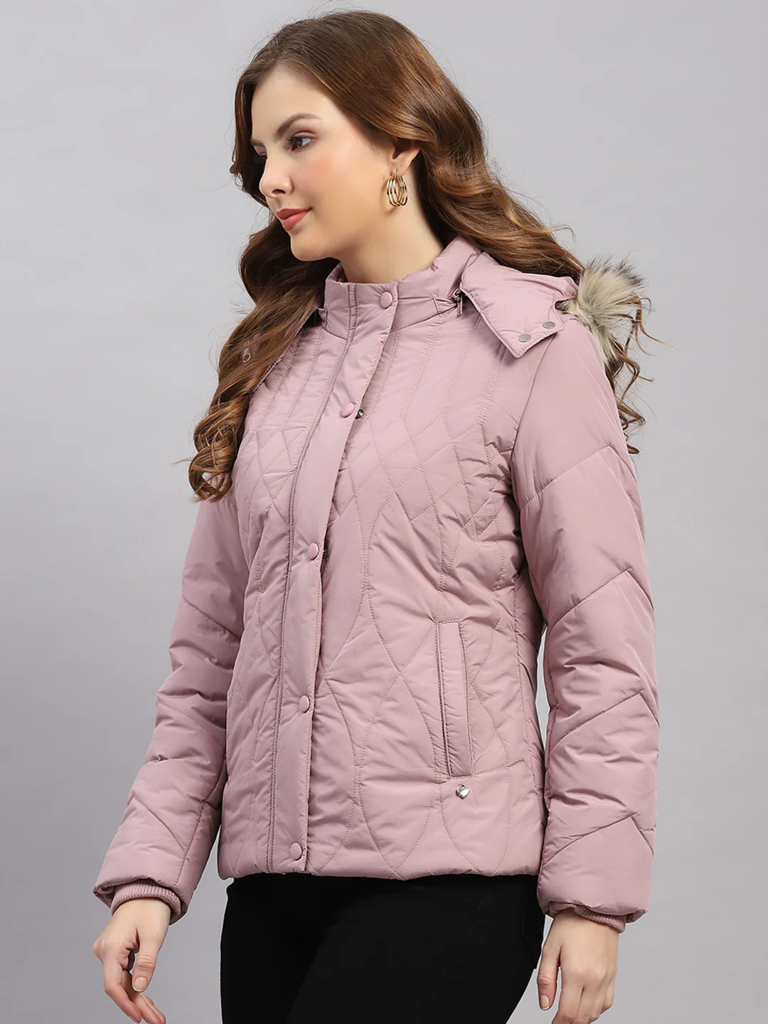 Women Mauve Stripe Hooded Full Sleeve Jacket - Image 3