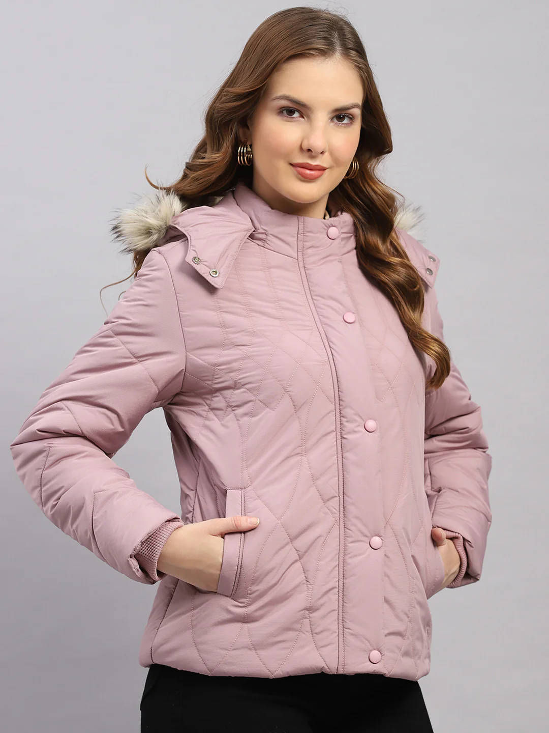 Women Mauve Stripe Hooded Full Sleeve Jacket - Image 4