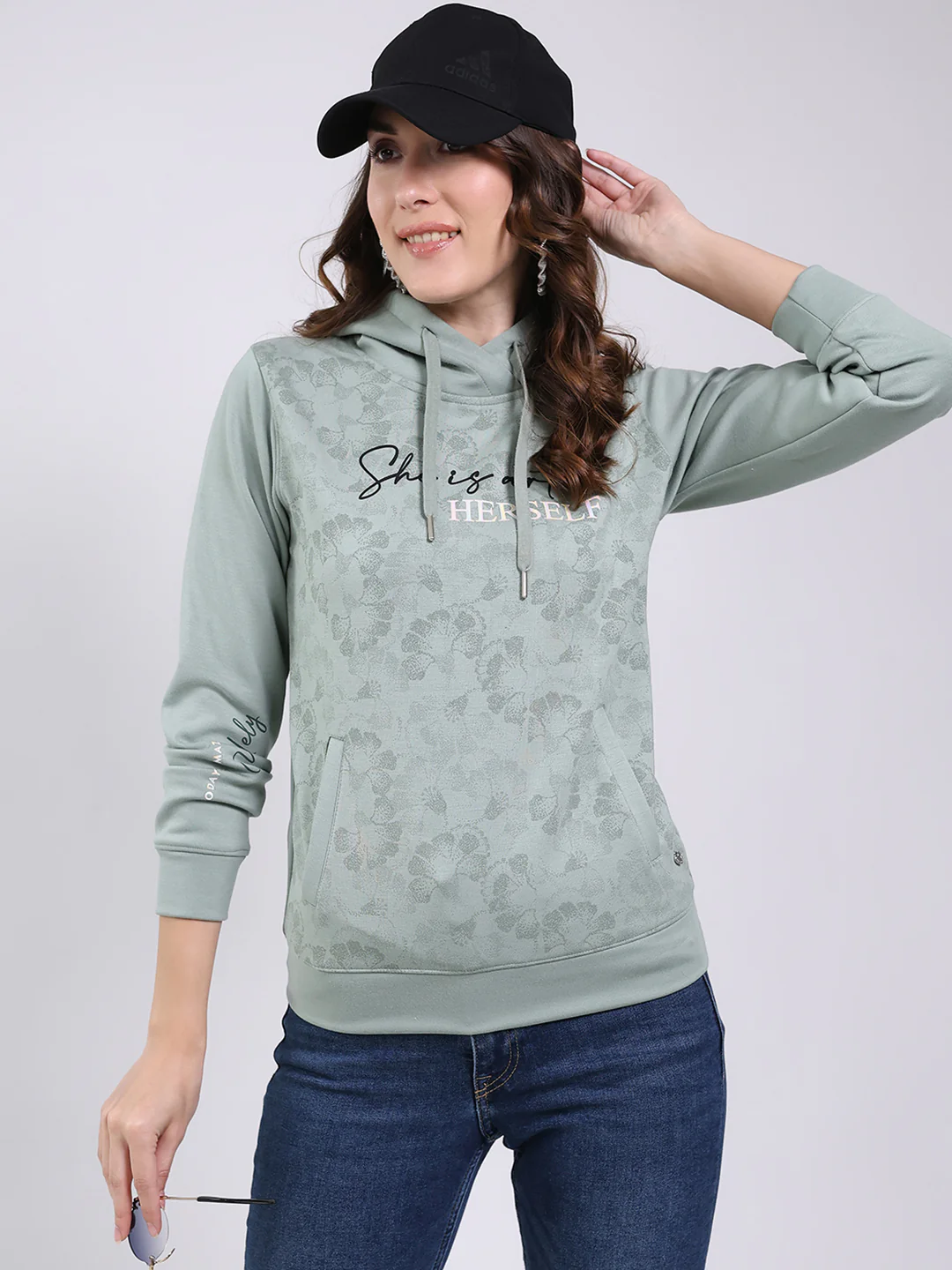 Women Mint Green Printed Hooded Full Sleeve Sweatshirt - Image 6
