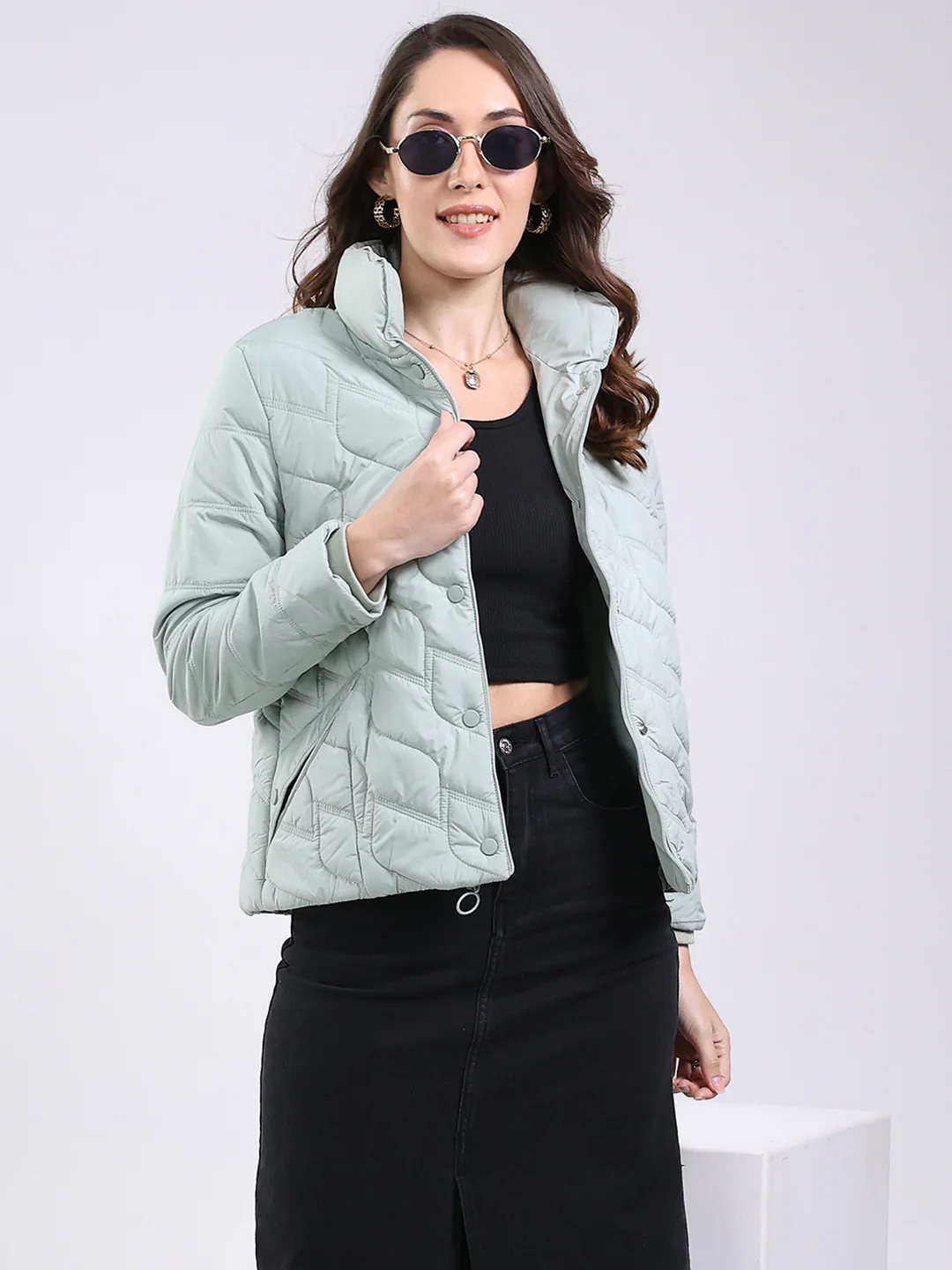 Women Mint Green Solid Mock Neck Full Sleeve Jacket - Image 6