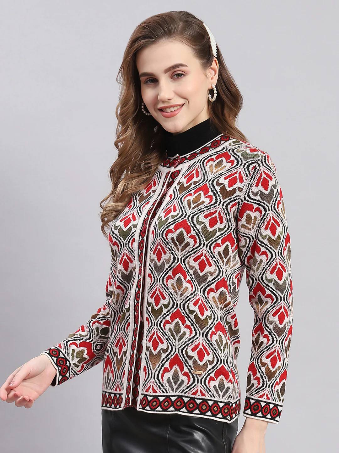 Women Multicolor Self Design Round Neck Full Sleeve Cardigans - Image 4