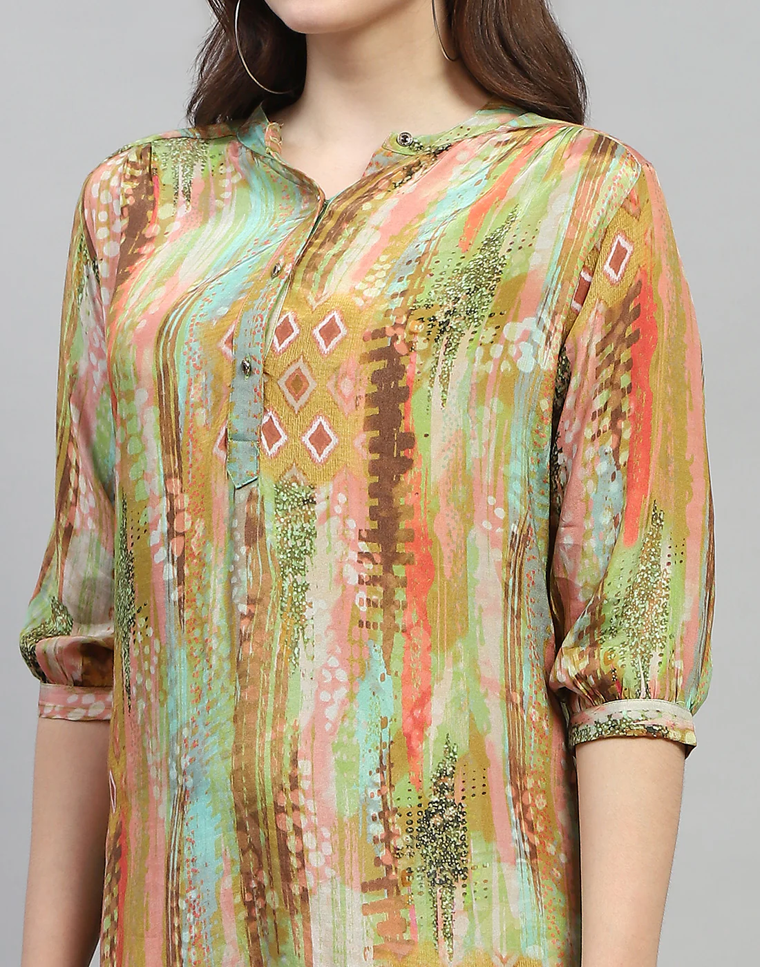 Women Multicolor Printed Band Collar 3/4 Sleeve Dress - Image 2