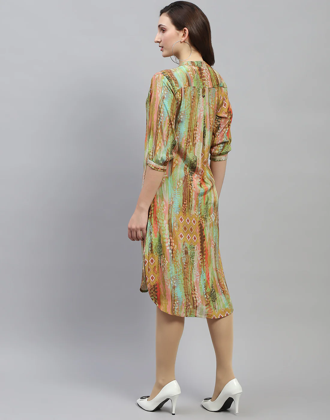 Women Multicolor Printed Band Collar 3/4 Sleeve Dress - Image 6