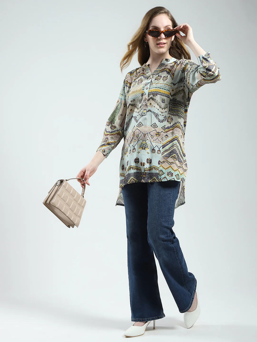 Women Multicolor Printed Band Collar 3/4th Sleeve Tunic - Image 2
