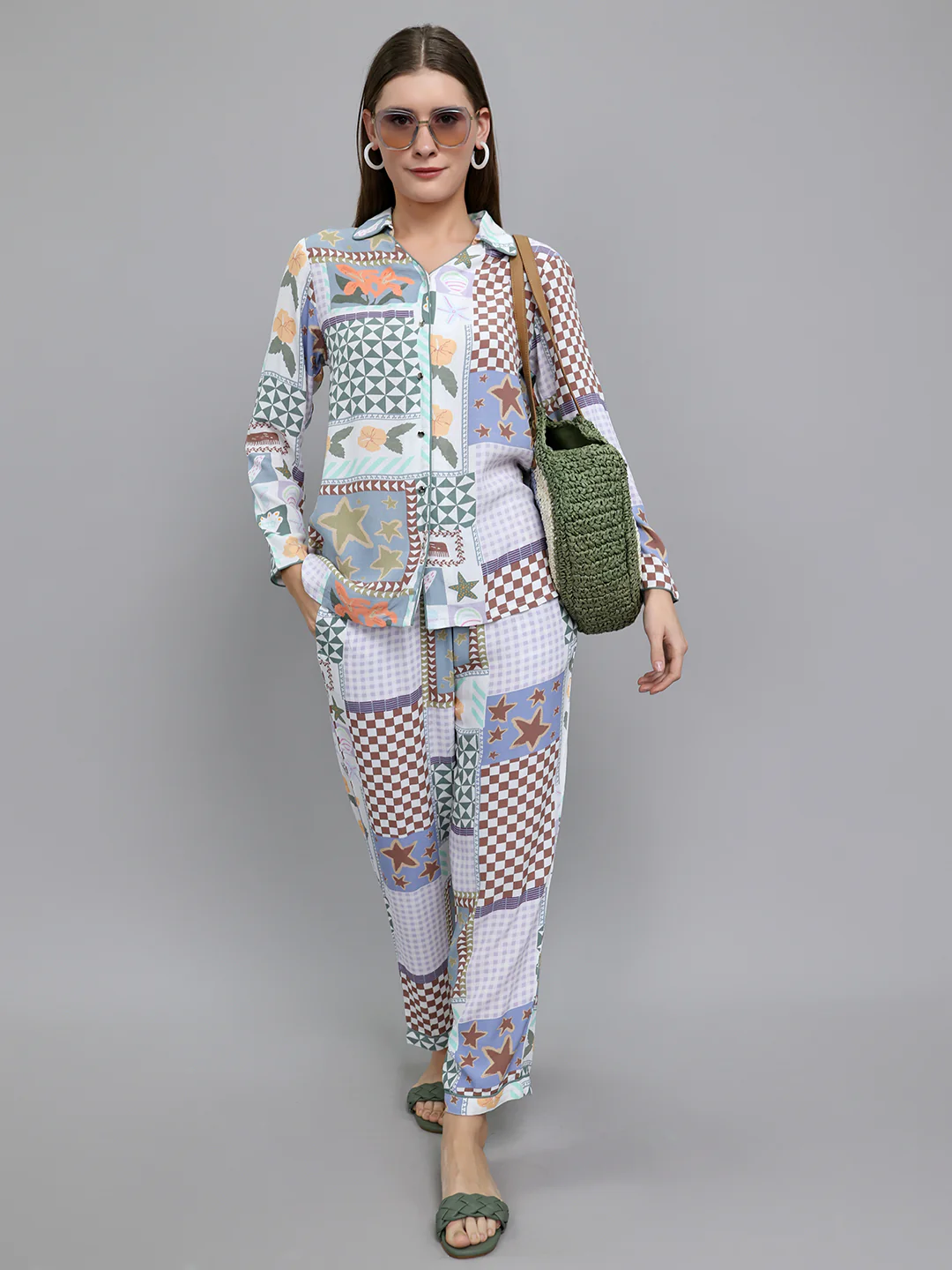 Women Multicolor Printed Collar Full Sleeve Cords Set - Image 5