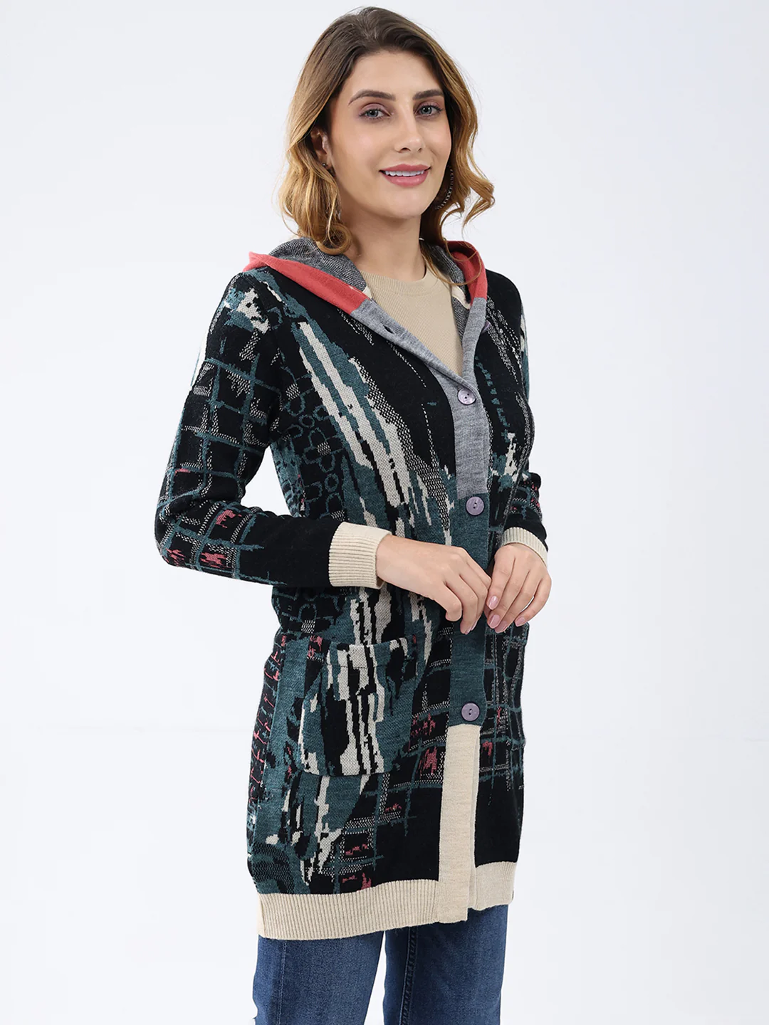 Women Multicolor Printed Hooded Full Sleeve Cardigan - Image 4