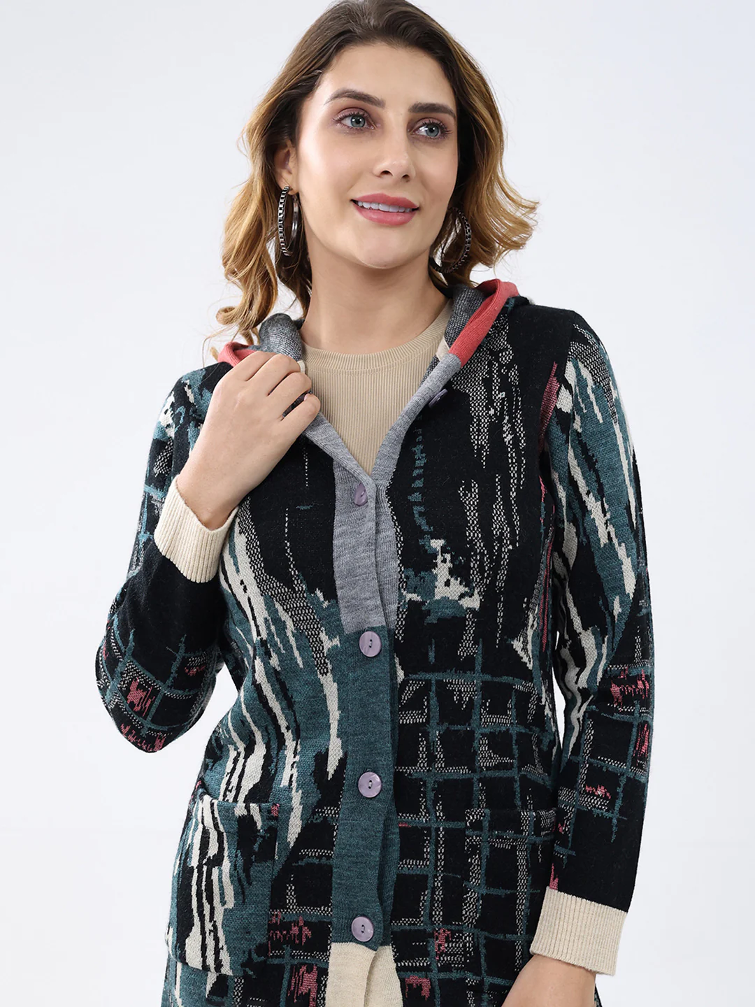 Women Multicolor Printed Hooded Full Sleeve Cardigan - Image 7