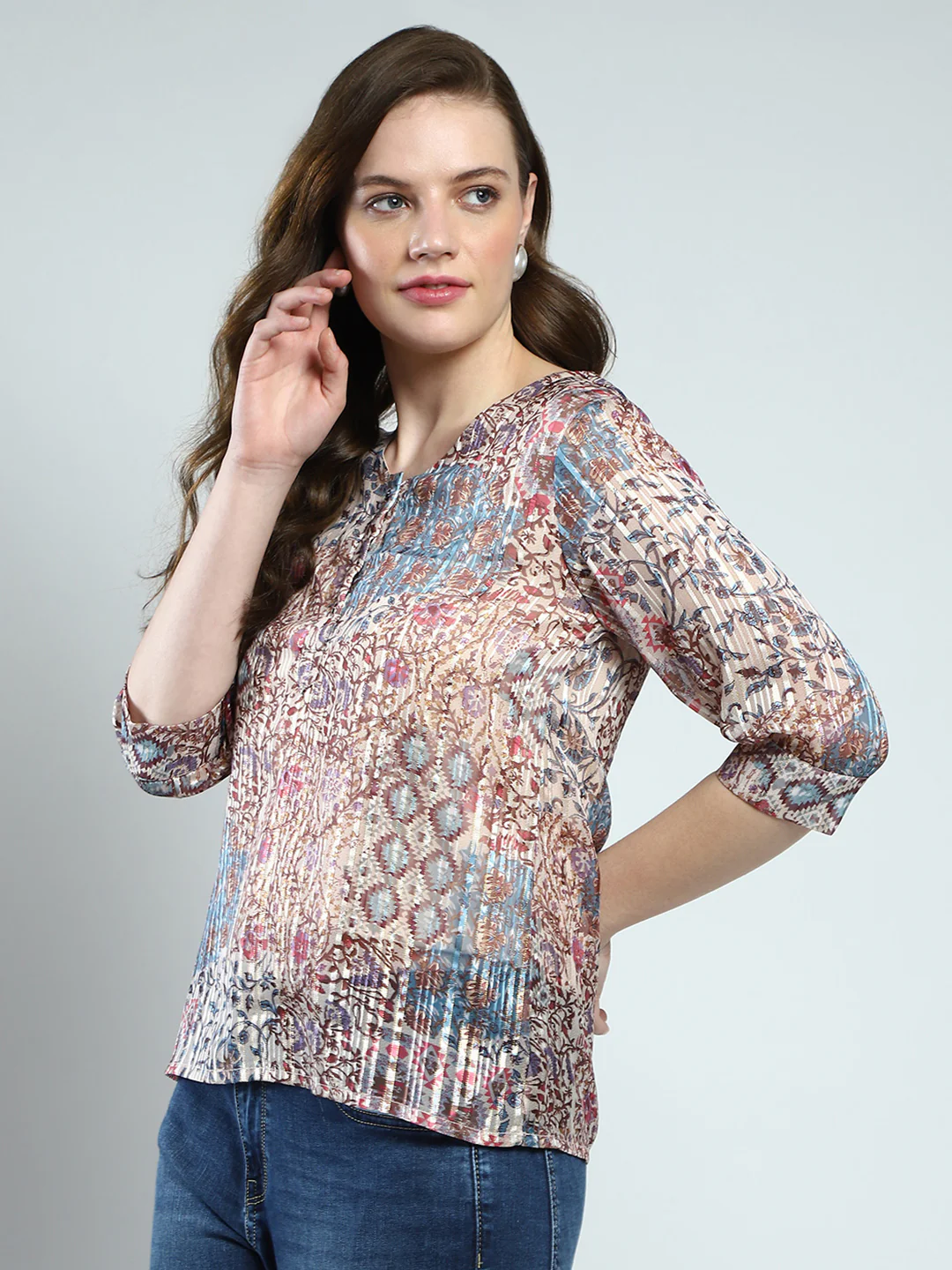 Women Multicolor Printed Round Neck 3/4th Sleeve Top - Image 3