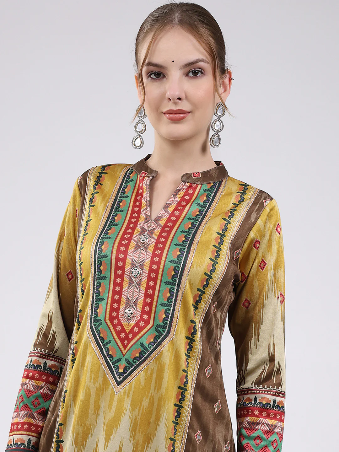 Women Multicolor Printed Round Neck Full Sleeve Kurti Set for Winter - Image 3