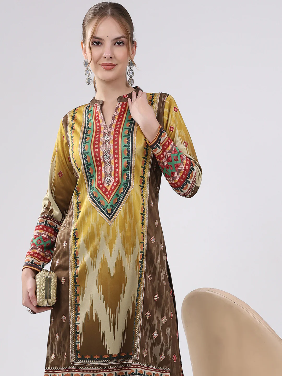 Women Multicolor Printed Round Neck Full Sleeve Kurti Set for Winter - Image 7