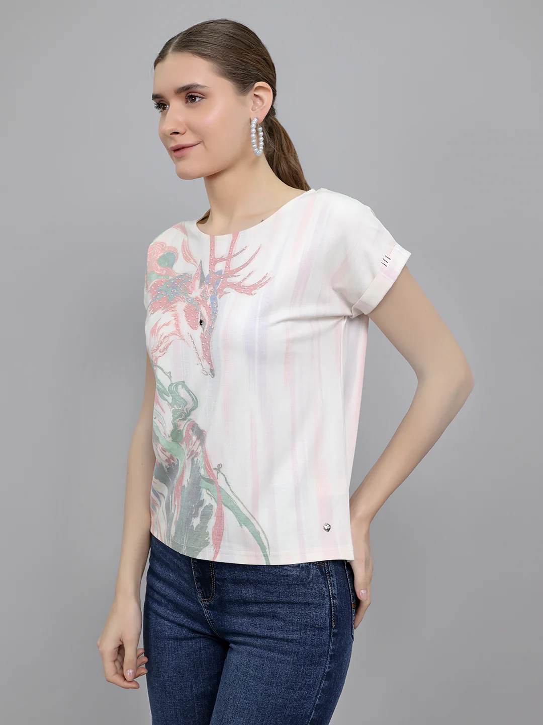Women Multicolor Printed Round Neck Half Sleeve Top - Image 2
