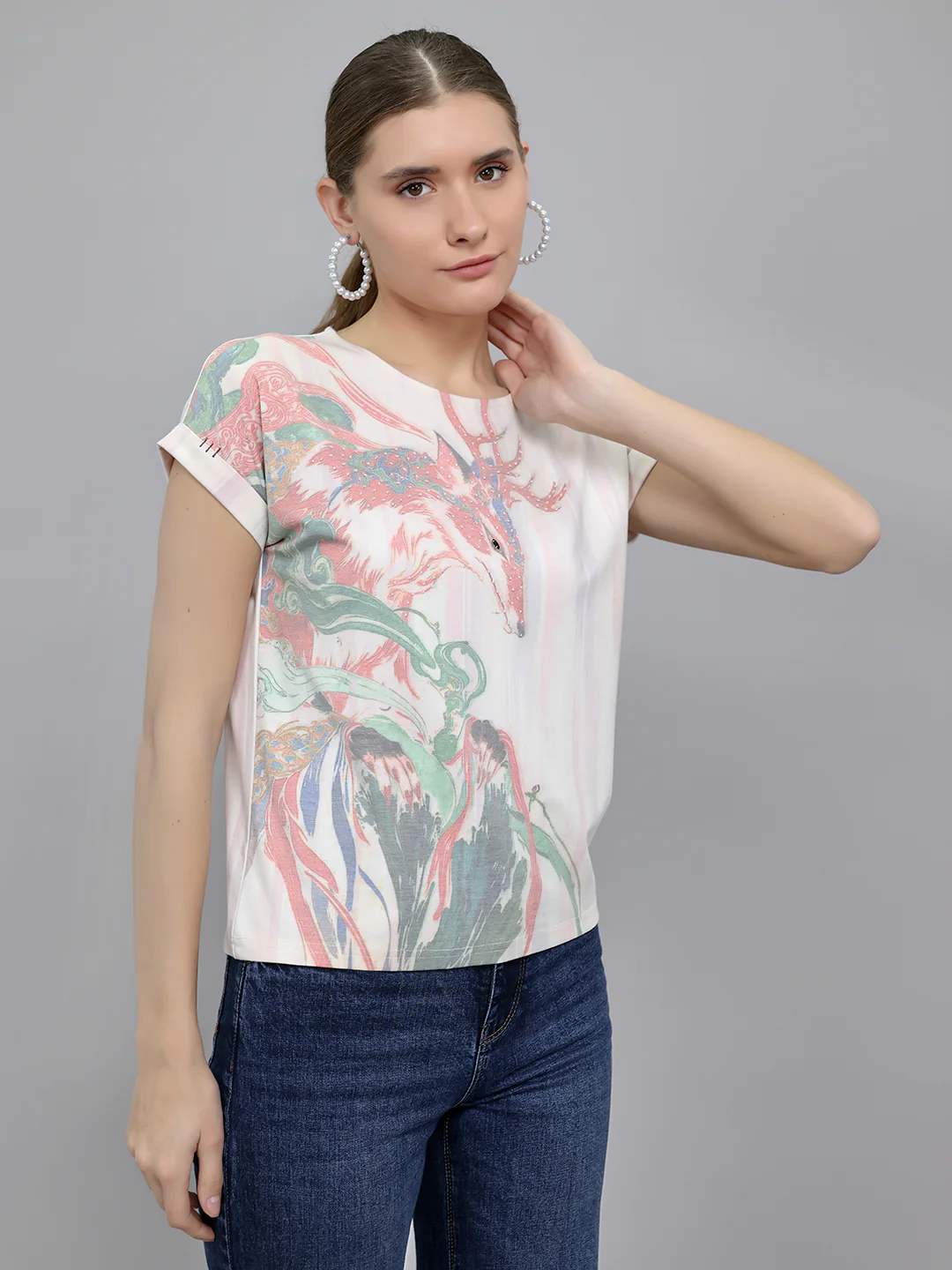 Women Multicolor Printed Round Neck Half Sleeve Top - Image 3