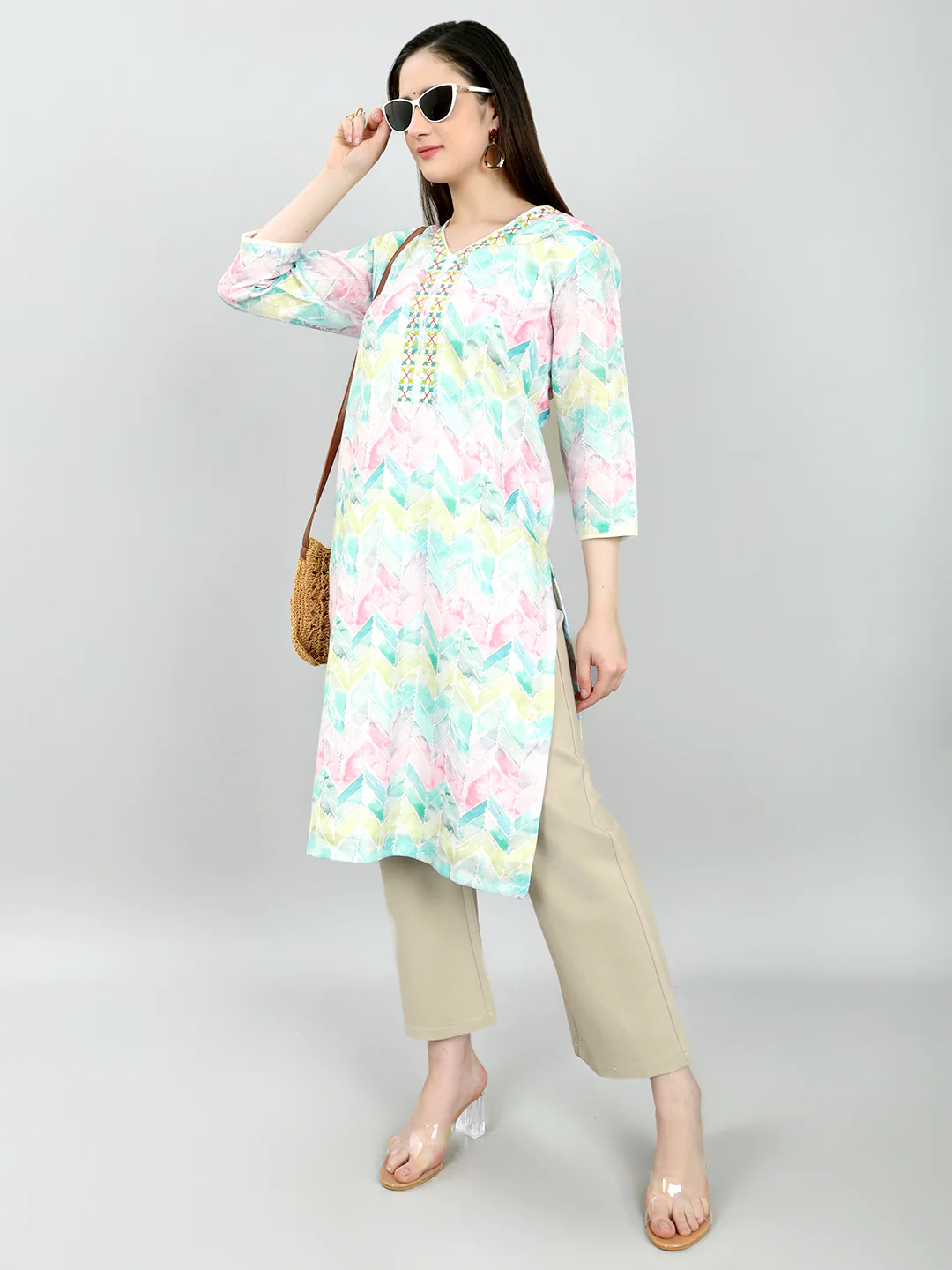Women Multicolor Printed V Neck 3/4th Sleeve Kurti - Image 6