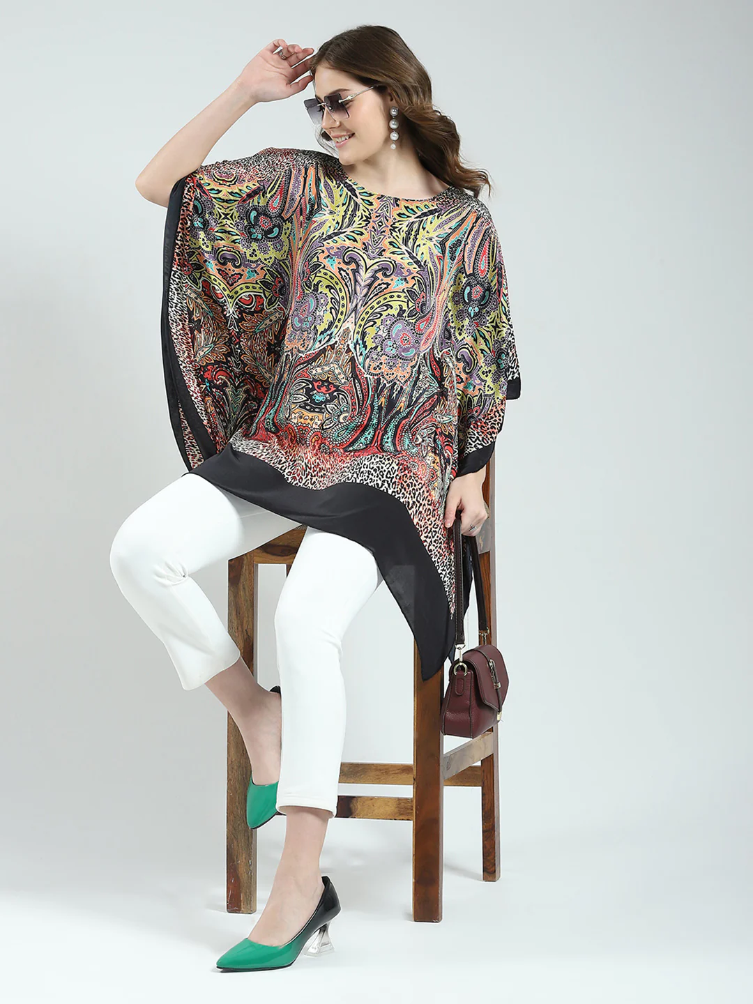Women Multicolor Printed Round Neck 3/4th Sleeve Poncho - Image 2