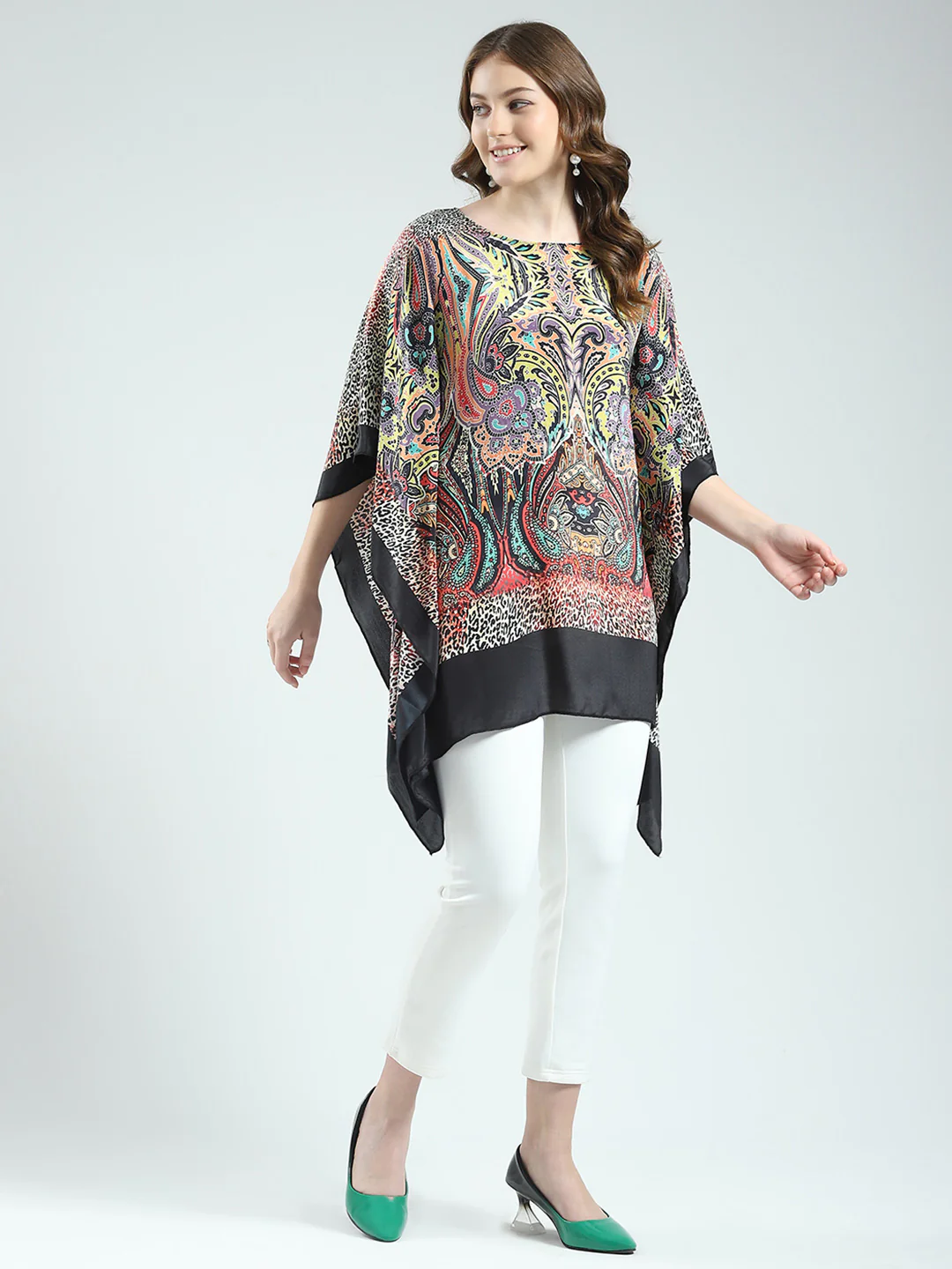 Women Multicolor Printed Round Neck 3/4th Sleeve Poncho - Image 4
